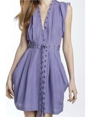 Nanette Lepore Wind Swept Mini Dress Sleeveless Lavender V-Neck Tie-Waist- 6